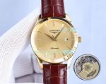 Replica Longines Gold Dial Gold Case Brown Leather Strap Watch 42mm
